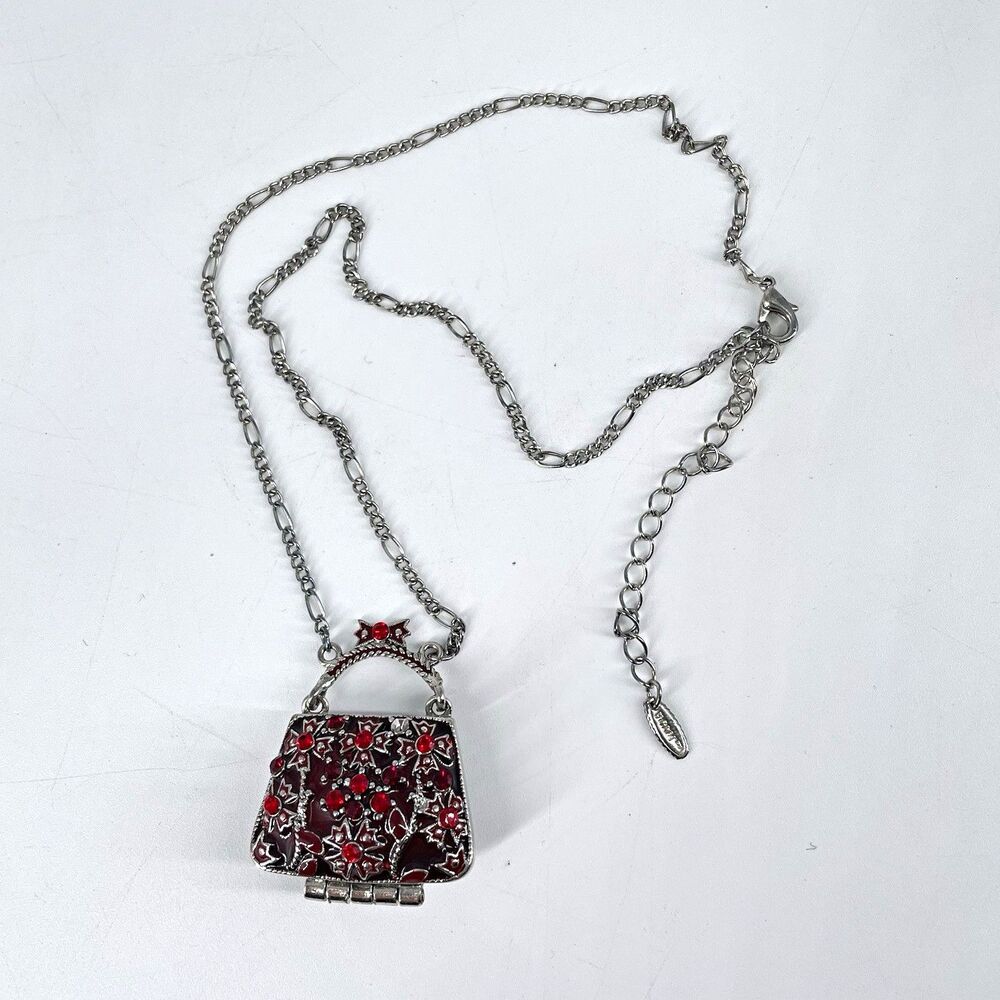 VCLM Purse Locket Necklace Red Rhinestone Enamel Silver Tone Handbag Pendant